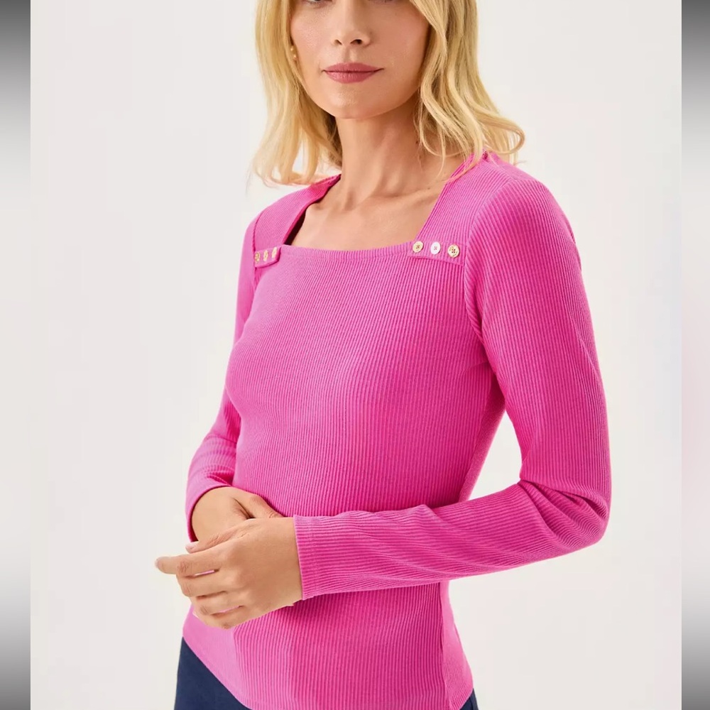 Lily Pulitzer Oink Beaty Long Sleeve Square Neck Knit Top Size Medium